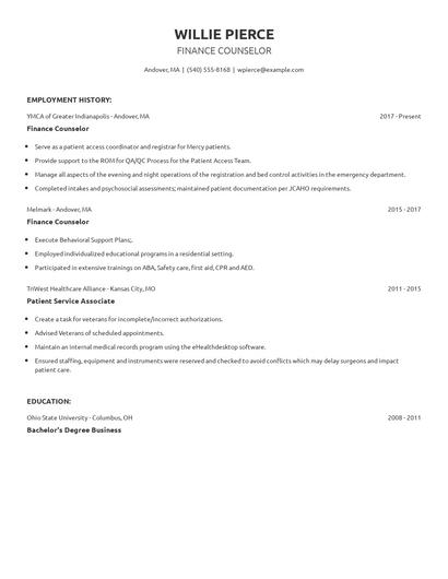 Finance Counselor Resume