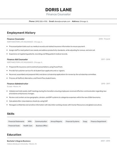 Finance Counselor Resume