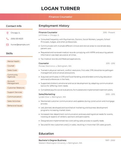 Finance Counselor Resume