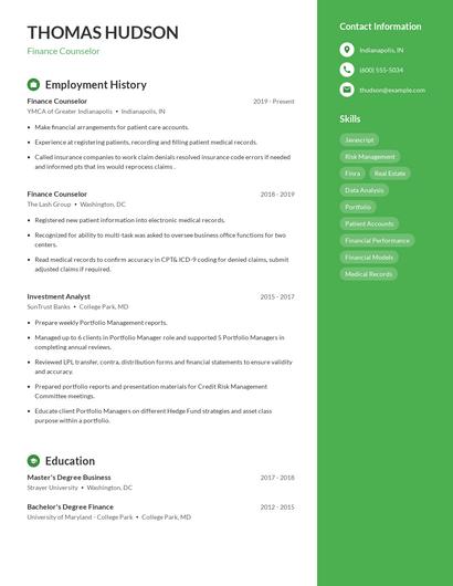 Finance Counselor Resume