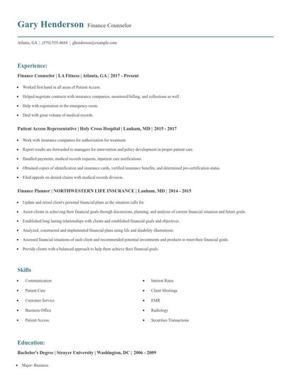 Finance Counselor Resume