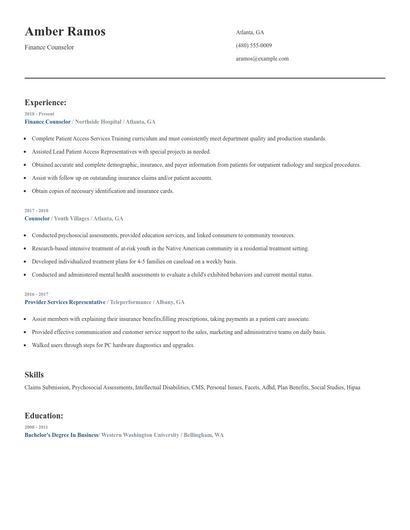 Finance Counselor Resume