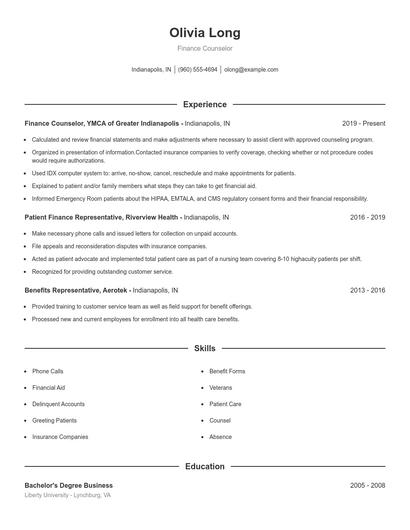Finance Counselor Resume