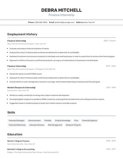 Finance Internship Resume