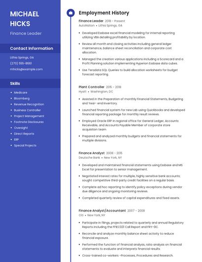 Finance Leader Resume