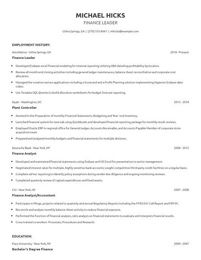 Finance Leader Resume