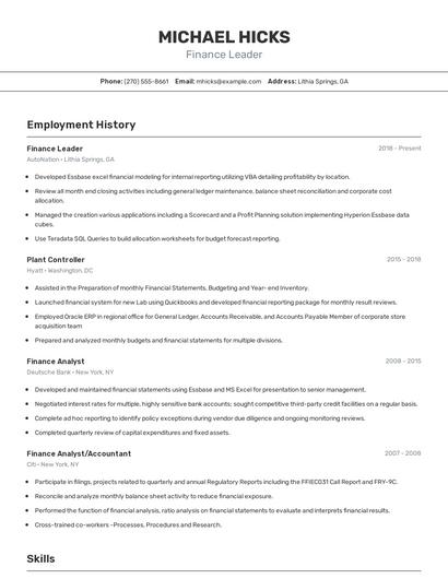 Finance Leader Resume
