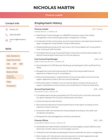 Finance Leader Resume