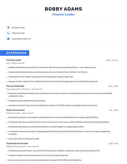 Finance Leader Resume