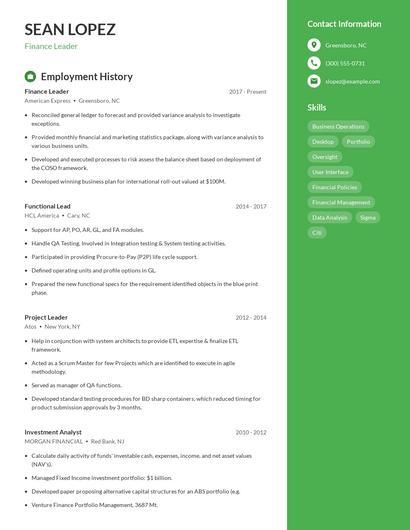 Finance Leader Resume