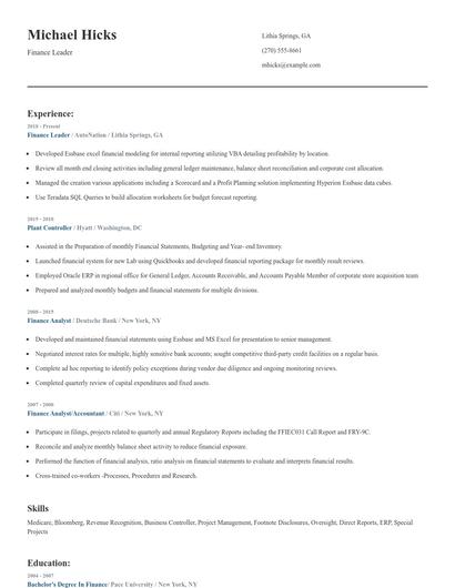 Finance Leader Resume