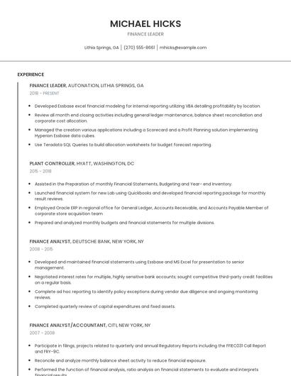 Finance Leader Resume