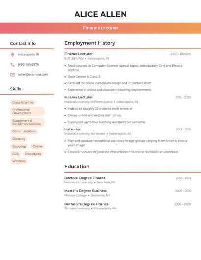 Finance Lecturer Resume