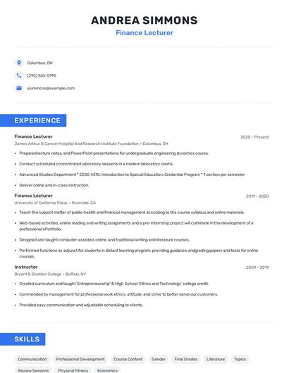 Finance Lecturer Resume