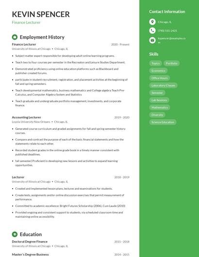 Finance Lecturer Resume