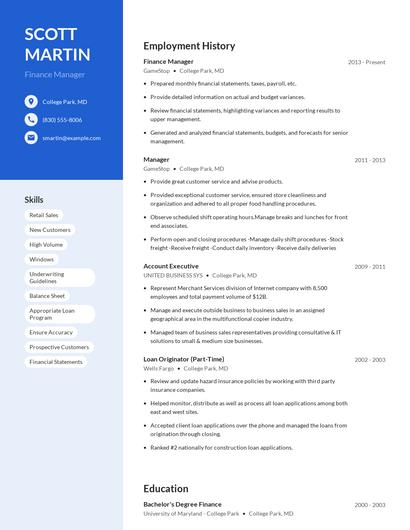 Finance Manager Resume