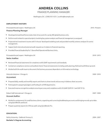 Finance Planning Manager Resume