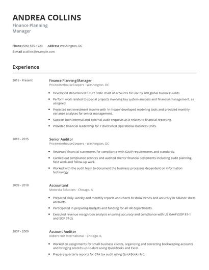 Finance Planning Manager Resume