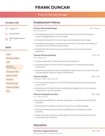 Finance Planning Manager Resume