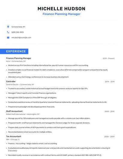 Finance Planning Manager Resume