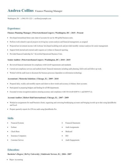 Finance Planning Manager Resume