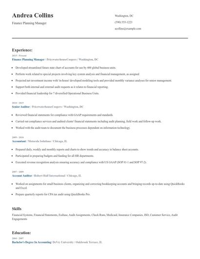 Finance Planning Manager Resume