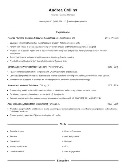 Finance Planning Manager Resume