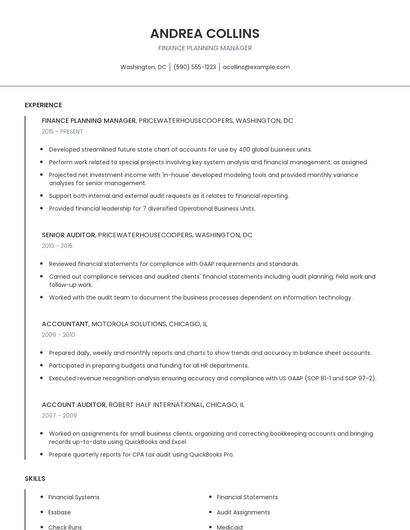 Finance Planning Manager Resume