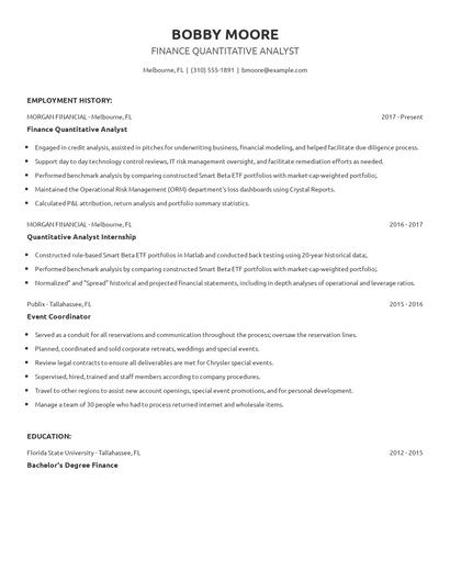 Finance Quantitative Analyst Resume