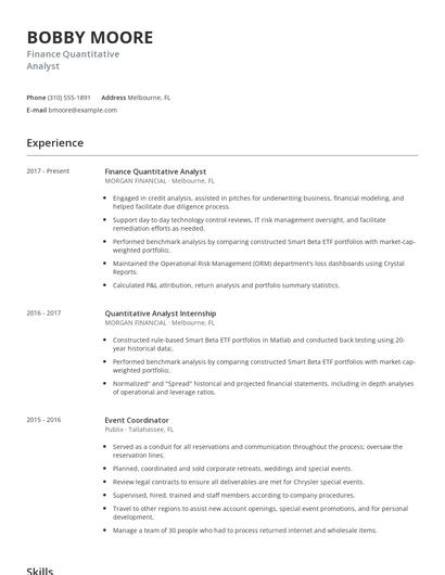 Finance Quantitative Analyst Resume