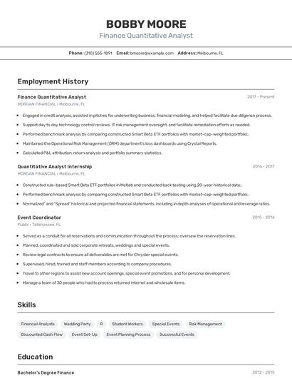 Finance Quantitative Analyst Resume