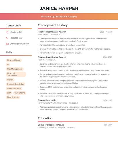 Finance Quantitative Analyst Resume