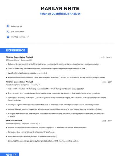 Finance Quantitative Analyst Resume