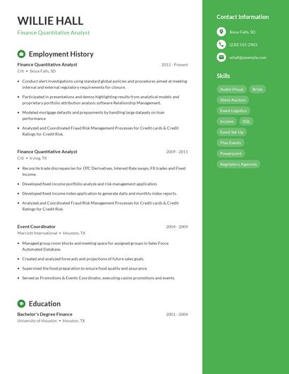 Finance Quantitative Analyst Resume