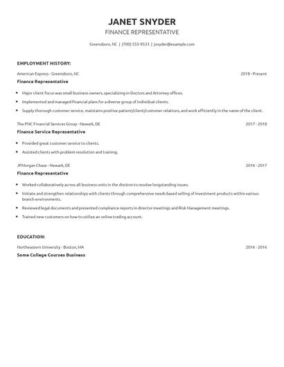 Finance Representative Resume
