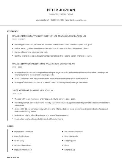 Finance Representative Resume