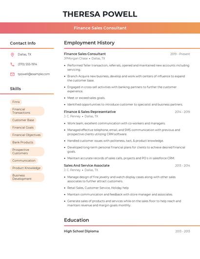 Finance Sales Consultant Resume
