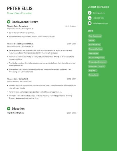 Finance Sales Consultant Resume