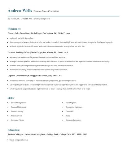 Finance Sales Consultant Resume