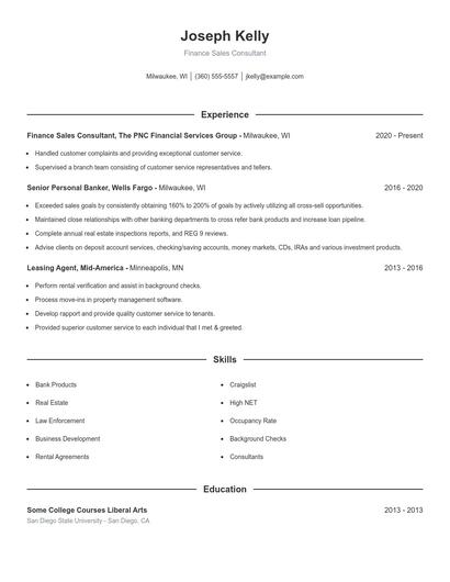Finance Sales Consultant Resume