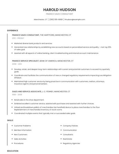 Finance Sales Consultant Resume