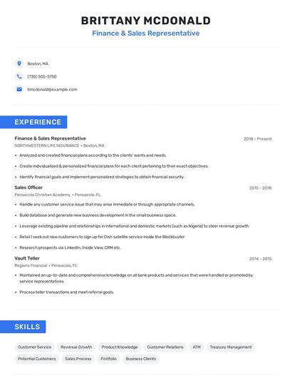 Finance & Sales Representative Resume