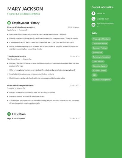 Finance & Sales Representative Resume