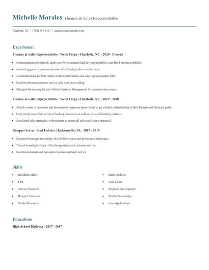Finance & Sales Representative Resume