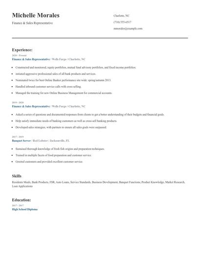 Finance & Sales Representative Resume