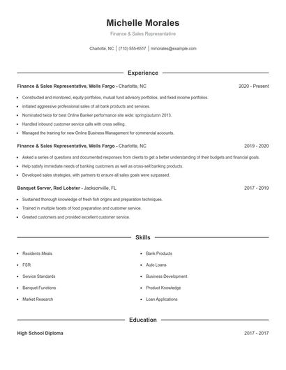 Finance & Sales Representative Resume