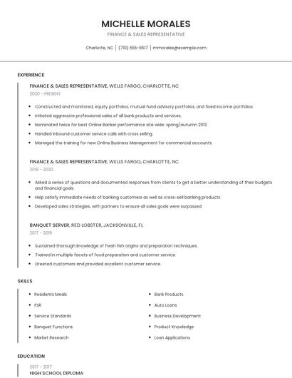 Finance & Sales Representative Resume
