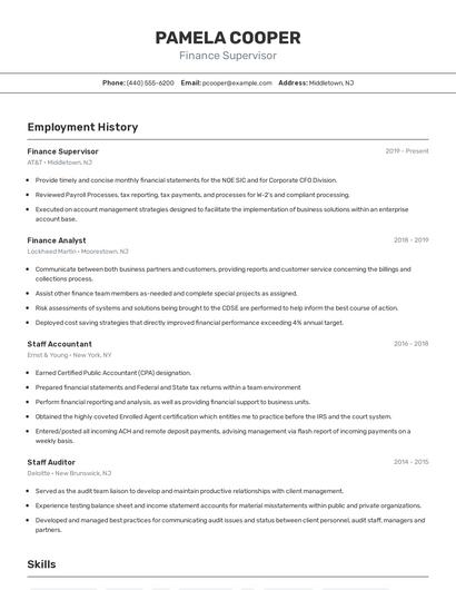 Finance Supervisor Resume