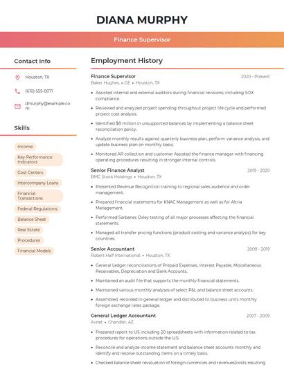 Finance Supervisor Resume