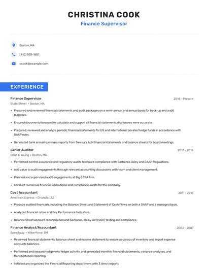 Finance Supervisor Resume